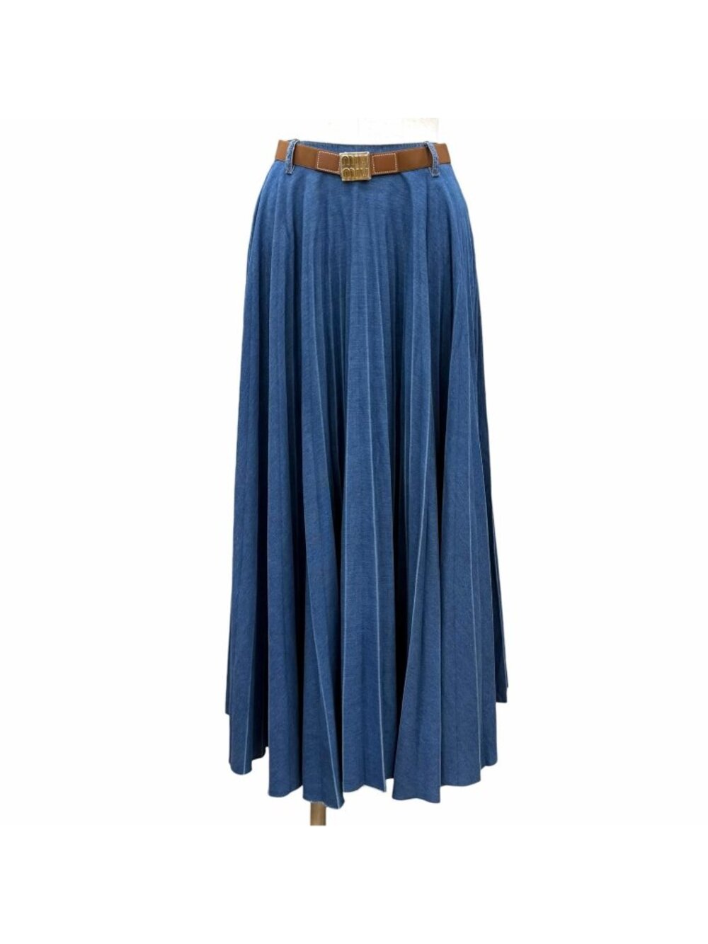 Miu Miu Belt Cotton Denim Pleated Long Skirt Indigo IT 38